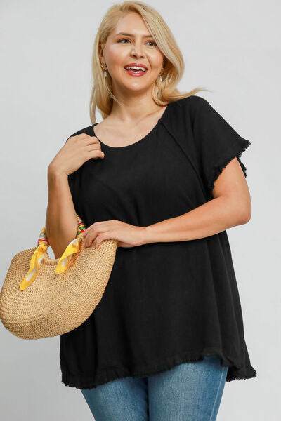 Umgee Full Size Seam Detail Linen Ruffle Fringe Edge Top Plus Size - Hovatok