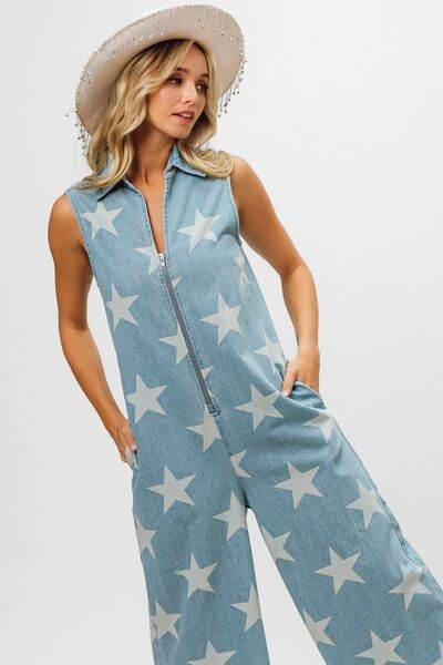 BiBi Star Print Half Zip Sleeveless Denim Jumpsuit - Hovatok