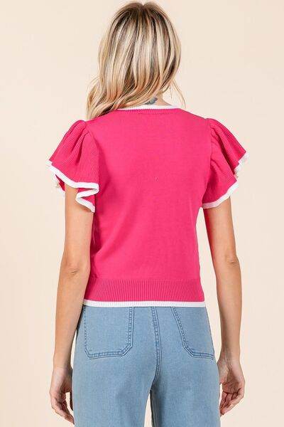 Mittoshop Contrast Trim Ruffled Cap Sleeve Knit Top - Hovatok