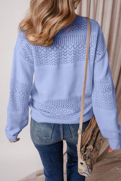 Openwork V-Neck Long Sleeve Sweater - Hovatok