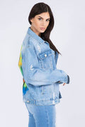 American Bazi Full Size Painted Back Distressed Denim Jacket - Hovatok