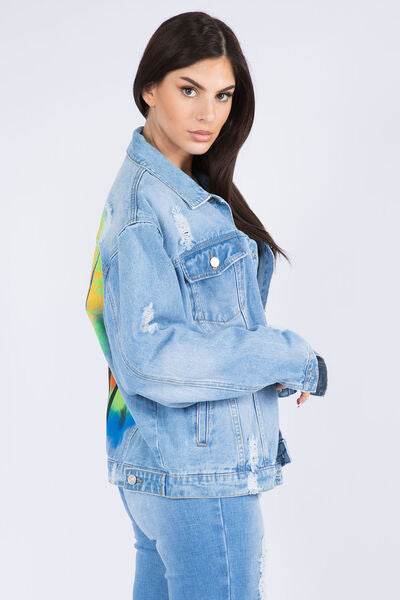 American Bazi Full Size Painted Back Distressed Denim Jacket - Hovatok