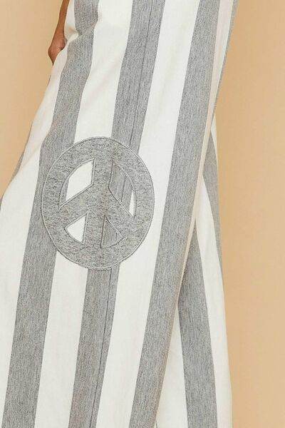 Umgee Peace Sign Patch Striped Wide Leg Pants - Hovatok