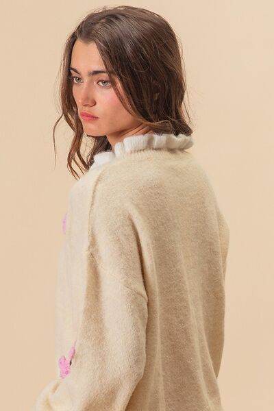 BiBi Ruffled Crochet Flower Dropped Shoulder Sweater - Hovatok