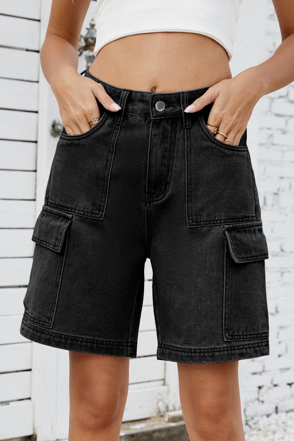 High Rise Denim Shorts with Cargo Pockets - Hovatok