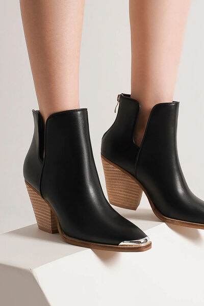 Beast Fashion Pointed Metal-Tip Toe Block Heel Ankle Boots - Hovatok