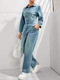 Half Button Long Sleeve Straight Leg Denim Jumpsuit - Hovatok