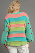 Umgee Full Size Color Block Cable Knit Sweater with Pom Pom Plus Size - Hovatok
