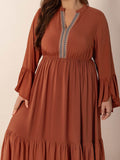 Plus Size Ruffled Notched Long Sleeve Midi Dress - Hovatok
