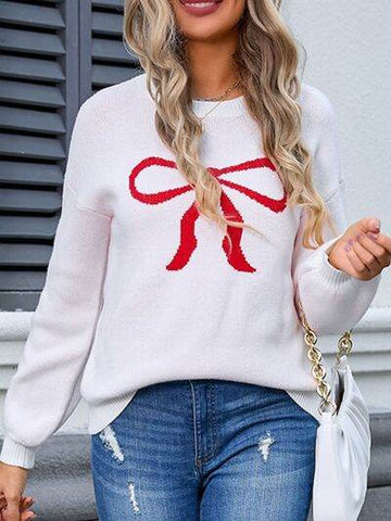 Angel Wings Bow Graphic Round Neck Long Sleeve Sweater - Hovatok