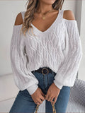 Cable-Knit Cold Shoulder Long Sleeve Sweater - Hovatok