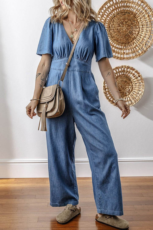 V Neck Short Sleeve Smocked Back Denim Jumpsuit - Hovatok