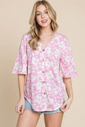BOMBOM Floral Decorative Button V-Neck Top - Hovatok