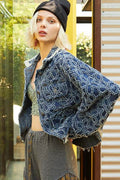POL Flower Textured Raw Hem Long Sleeve Denim Jacket - Hovatok