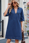 Johnny Collar Half Sleeve Denim Dress - Hovatok