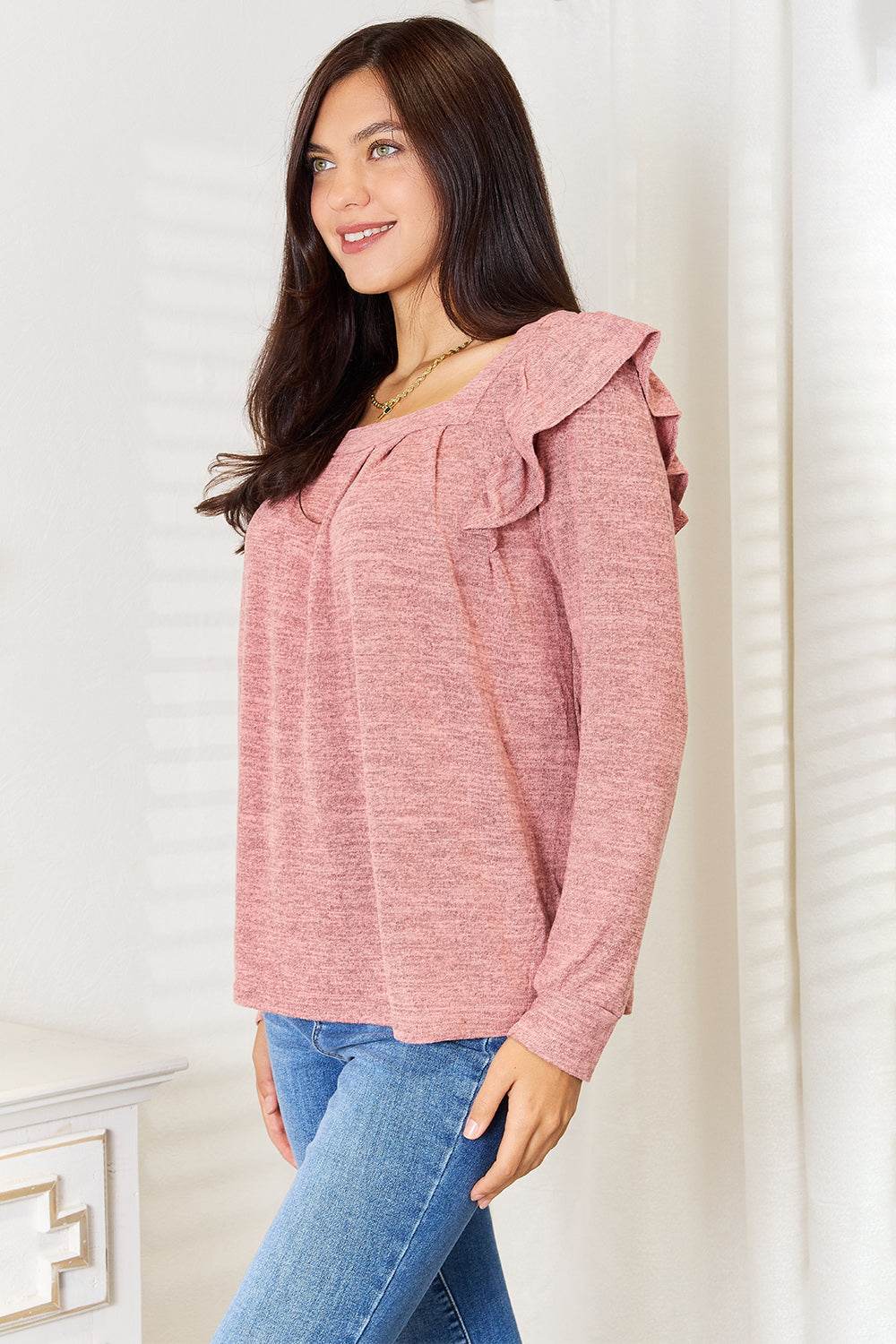 Double Take Square Neck Ruffle Shoulder Long Sleeve T-Shirt - Hovatok