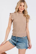 Ces Femme Texture Mock Neck Ruffle Cap Sleeve Blouse - Hovatok