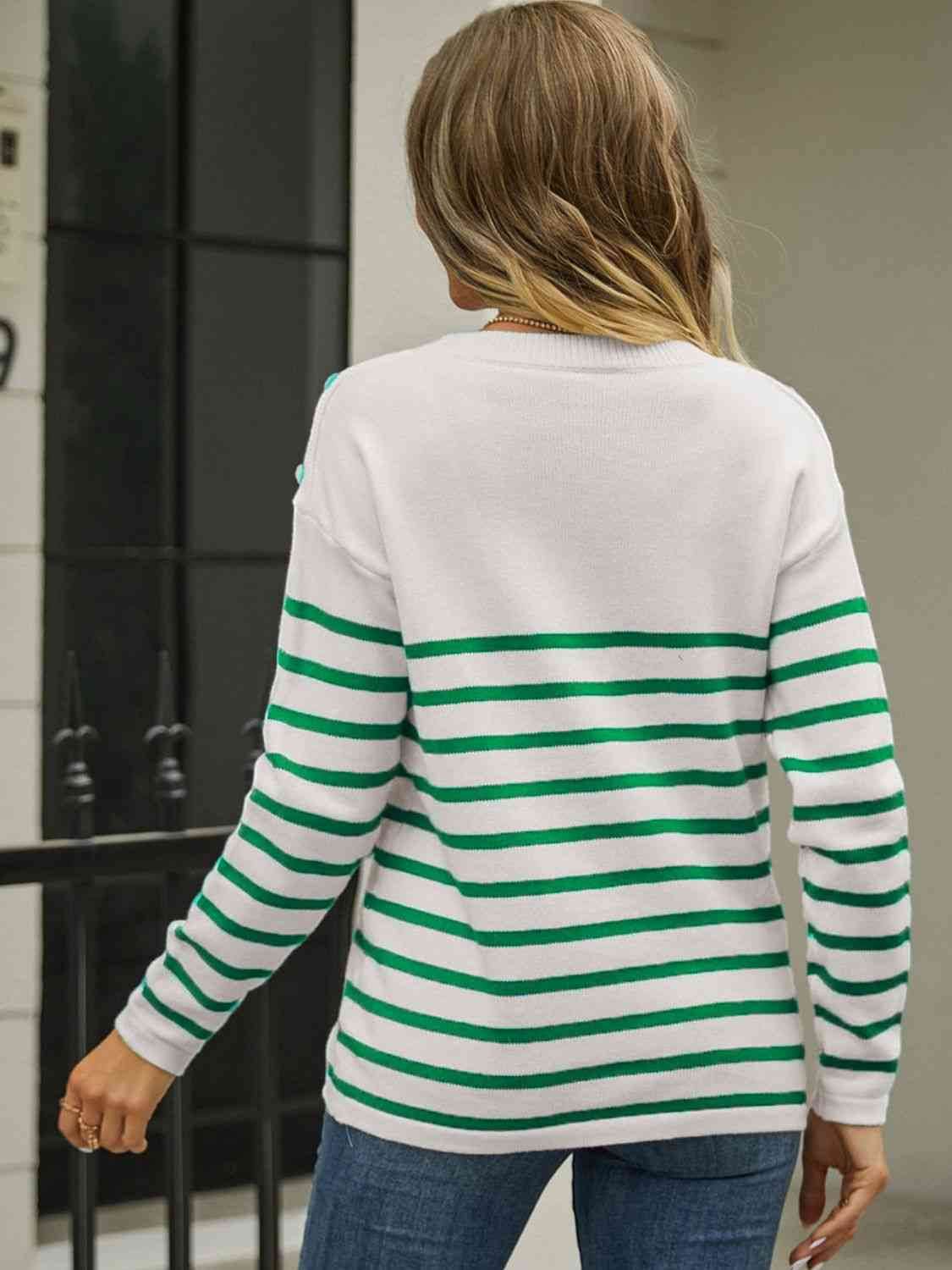 Angel Wings Round Neck Shoulder Button Striped Pullover Sweater - Hovatok