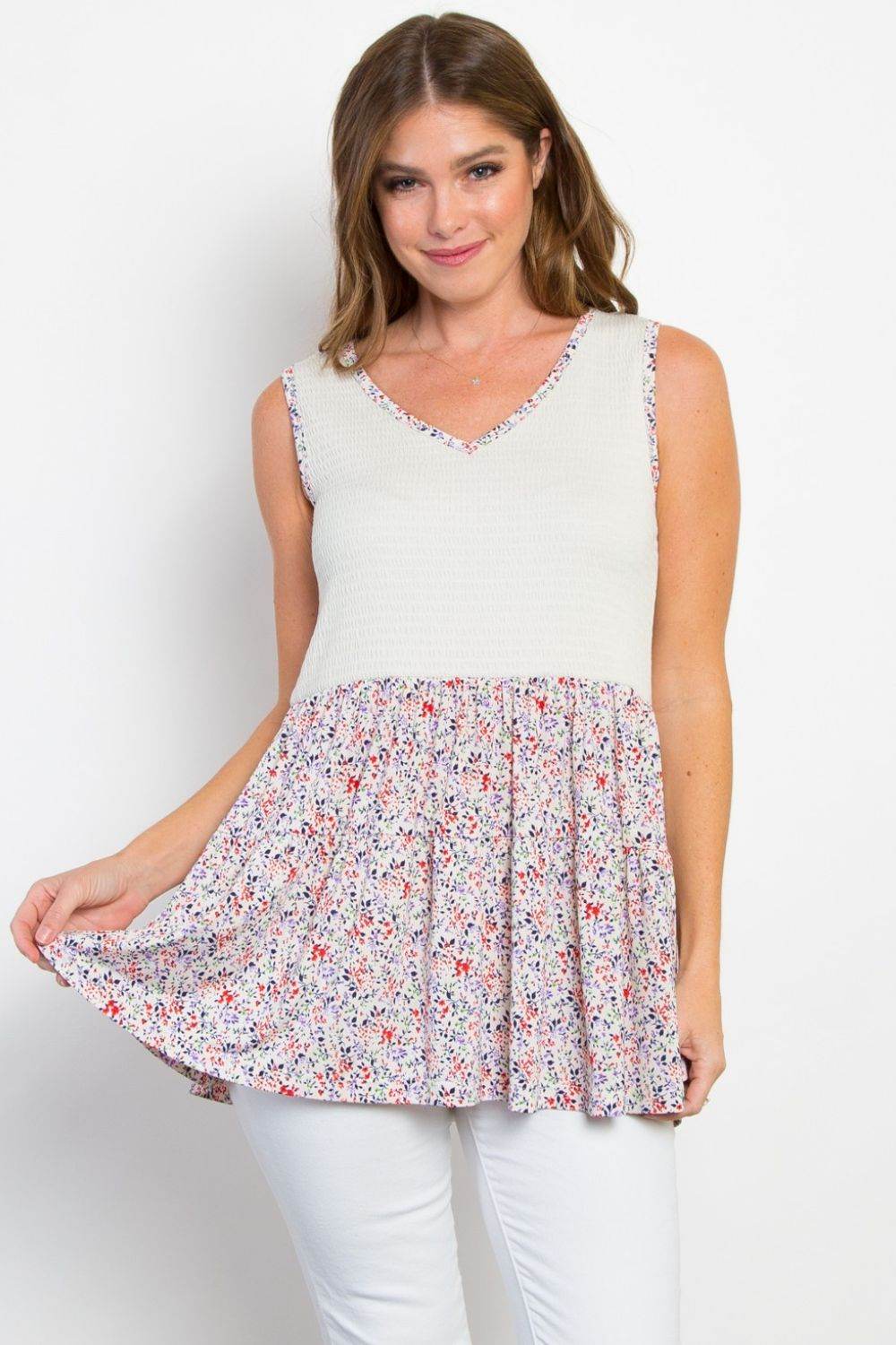 Be Stage Full Size Smocked Printed Peplum Sleeveless Top - Hovatok