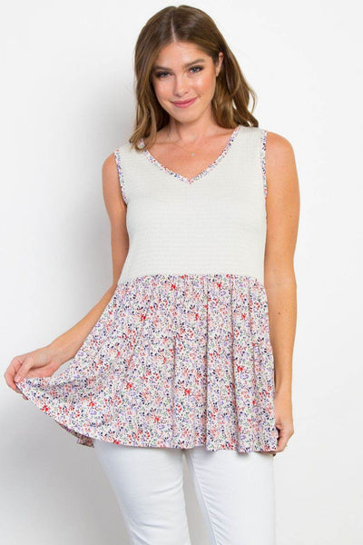 Be Stage Full Size Smocked Printed Peplum Sleeveless Top