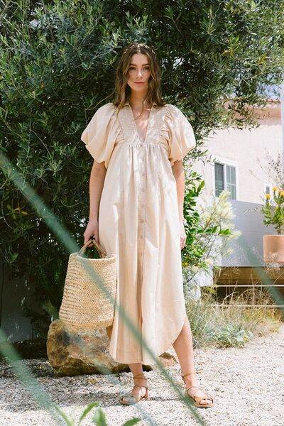 Annie Wear Smocked Puff Sleeve Midi Dress - Hovatok