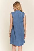 ADORA Notched Sleeveless Denim Dress with Pockets - Hovatok
