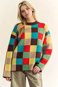 Davi & Dani Color Block Checkered Dropped Shoulder Sweater - Hovatok