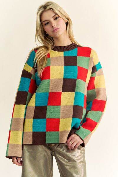 Davi & Dani Color Block Checkered Dropped Shoulder Sweater - Hovatok