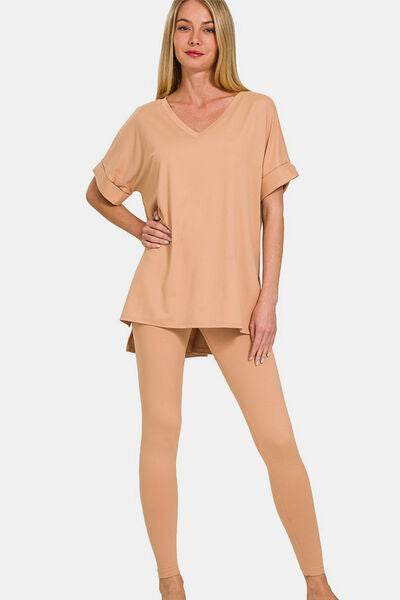 Zenana Full Size V-Neck Rolled Short Sleeve T-Shirt and Leggings Lounge Set - Hovatok