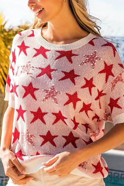 BiBi Star Pattern Round Neck Short Sleeve Knit Top - Hovatok