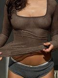 Devine Square Neck Long Sleeve Eyelet T-Shirt - Hovatok