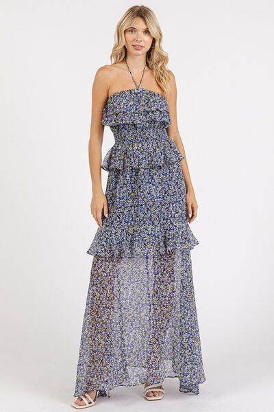 Mittoshop Ruffled Smocked Floral Halter Neck Maxi Dress - Hovatok