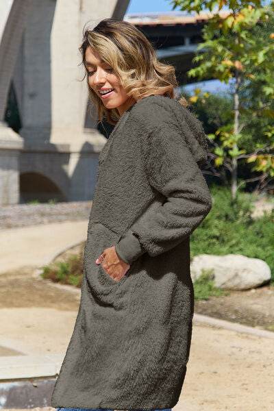Double Take Full Size Hooded Teddy Bear Jacket with Thumbholes - Hovatok