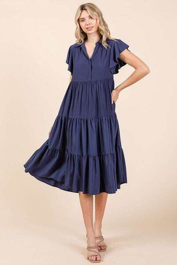 Mittoshop Ruffle Sleeve Collared V Neck Tiered Midi Dress - Hovatok