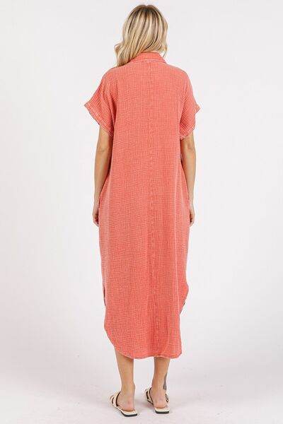 Mittoshop Mineral Wash V Neck Button Up Midi Shirt Dress - Hovatok