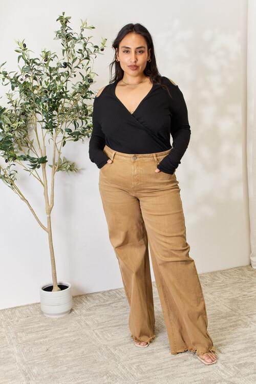 Culture Code Full Size Ribbed Surplice Cold Shoulder Top - Hovatok