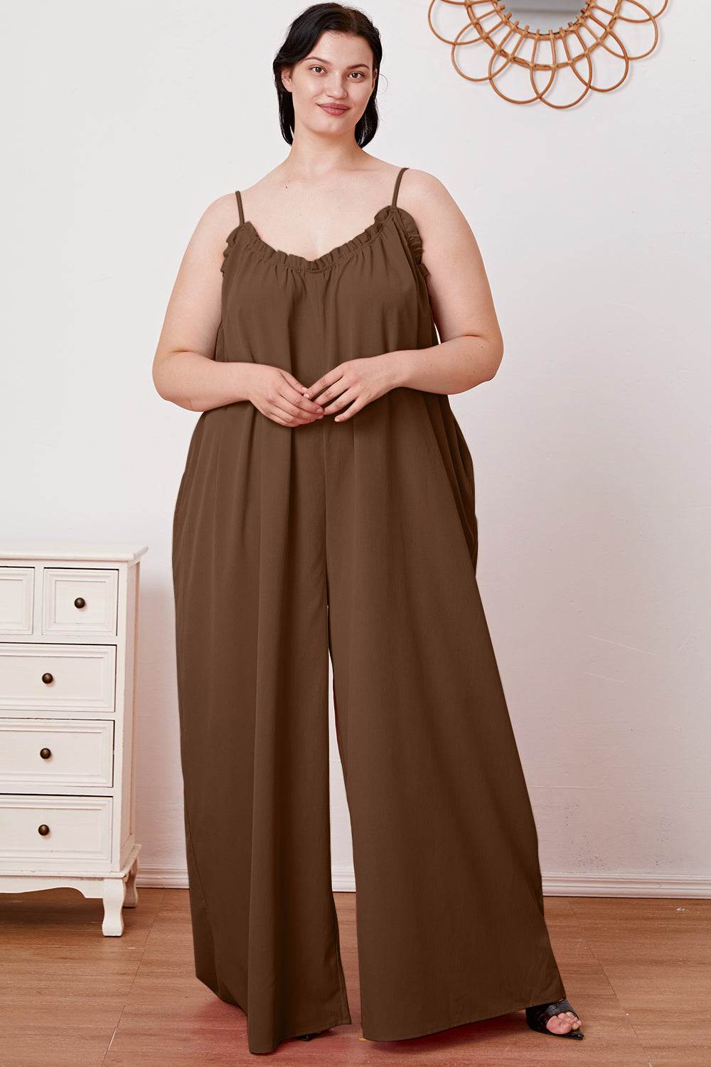 Double Take Full Size Ruffle Trim Tie Back Cami Jumpsuit with Pockets - Hovatok