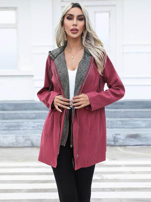 Zip Up Drawstring Hooded Trench Coat - Hovatok