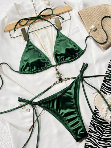 Rhinestone Decor Halter Neck Bikini Set - Hovatok