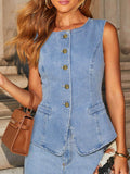 Button Down Vest and Wide Leg Jeans Denim Set - Hovatok