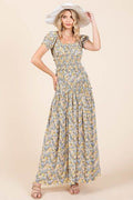 Mittoshop Flower Print Puff Sleeve Gathered Maxi Dress - Hovatok