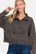 Zenana Acid Wash Fleece Half Snap Sweatshirt with Pocket - Hovatok