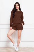 Round Neck Long Sleeve Sweatshirt and Drawstring Shorts Set - Hovatok