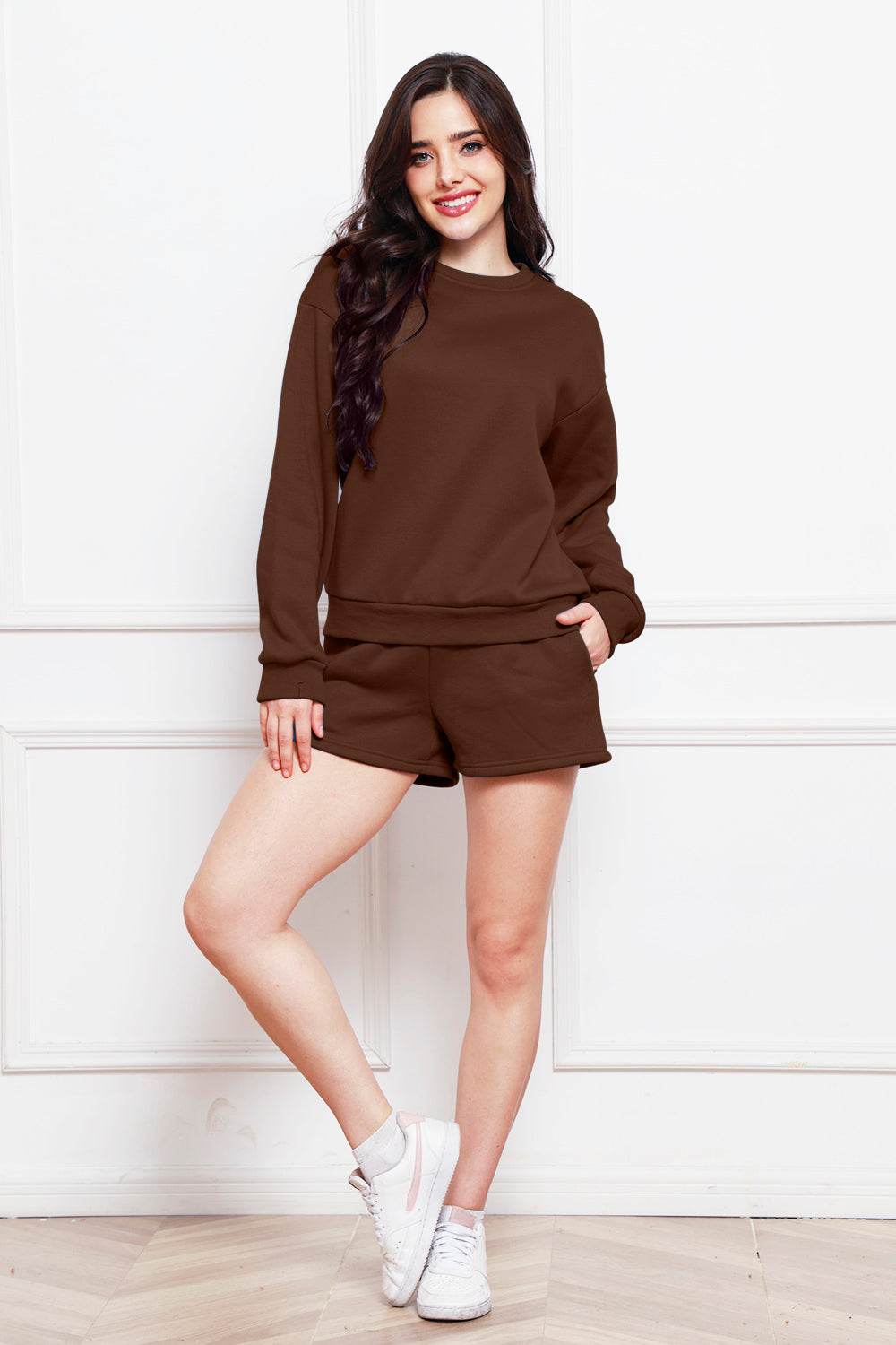 Round Neck Long Sleeve Sweatshirt and Drawstring Shorts Set - Hovatok