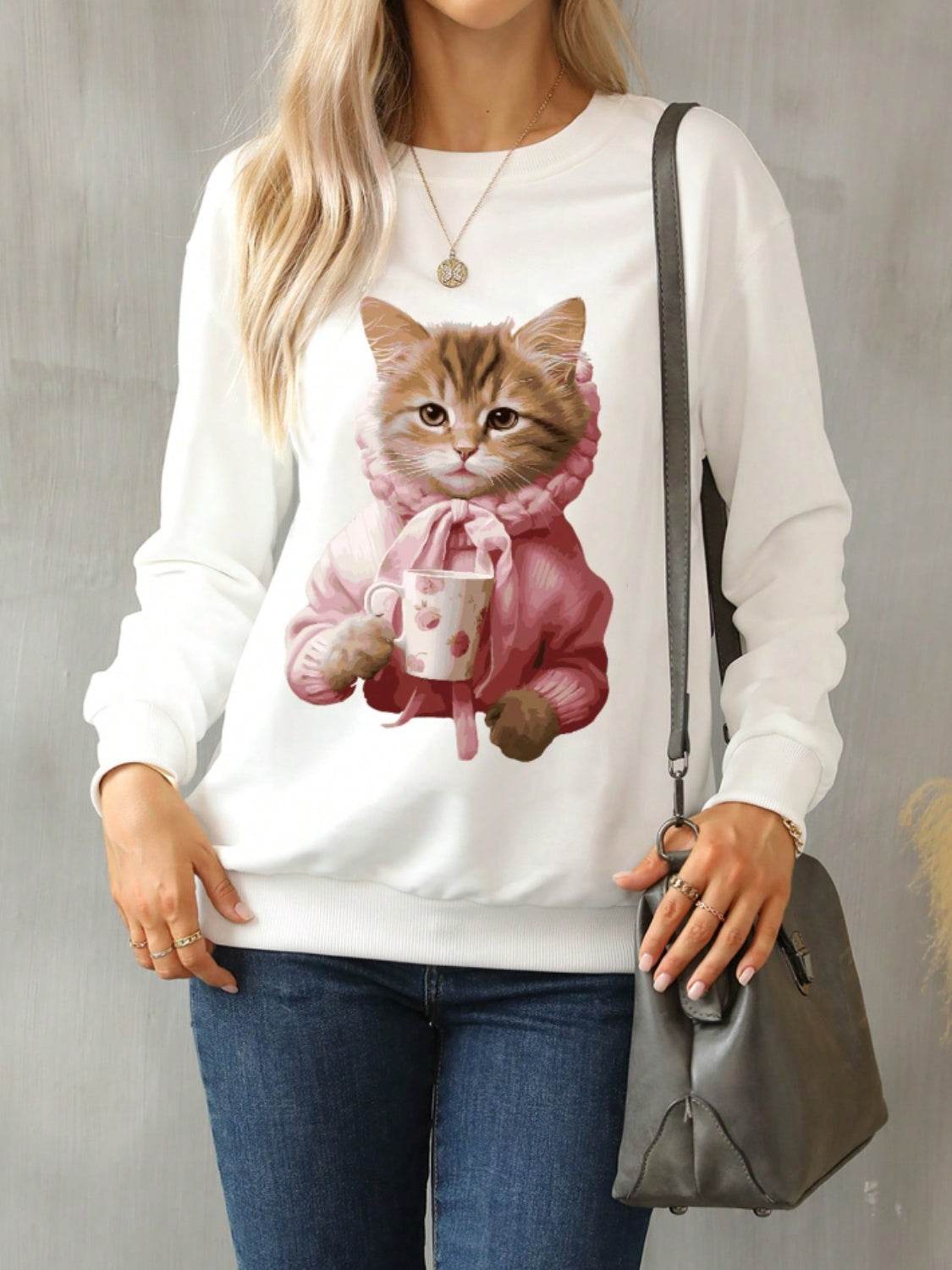 Cat Round Neck Long Sleeve Sweatshirt - Hovatok