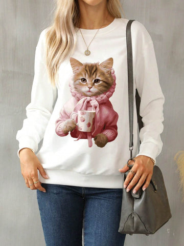 Cat Round Neck Long Sleeve Sweatshirt - Hovatok