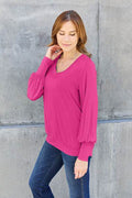 Basic Bae Full Size V-Neck Lantern Sleeve Top - Hovatok