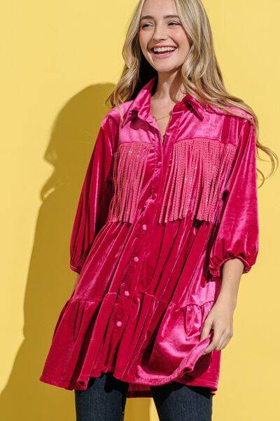 And The Why Fringe Detailed Velvet Shirt Dress - Hovatok