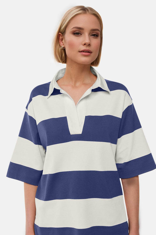 Oh Pima Cotton Wash Color Block Johnny Collar Half Sleeve Top - Hovatok