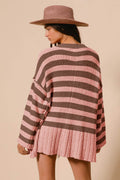 BiBi Slit Striped V-Neck Button Up Cardigan - Hovatok